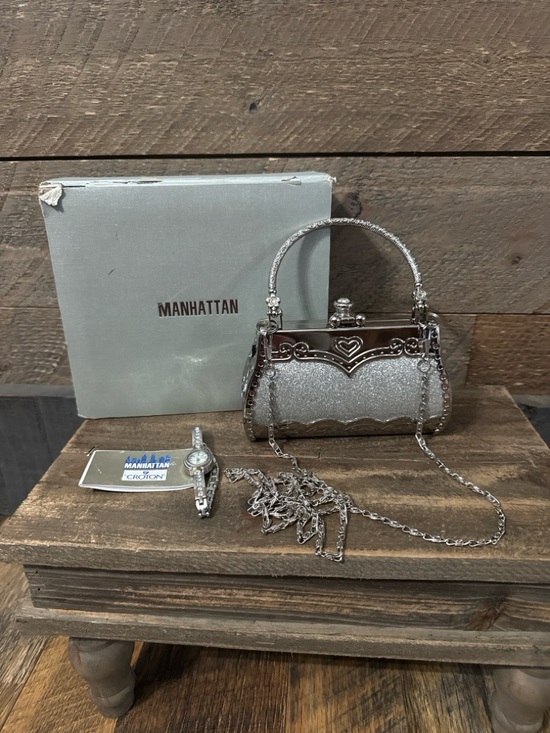 Manhattan by Croton Handbags - Manhattan by Croton Watch & Evening Bag Set Silver Rhinestone Like New w/ Box